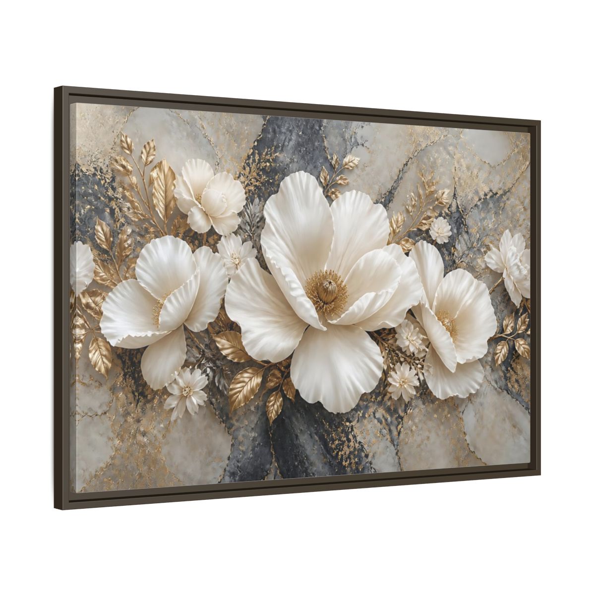 Main Mockup. Ivory Poppy With Gold Leaves shown as framed canvas print