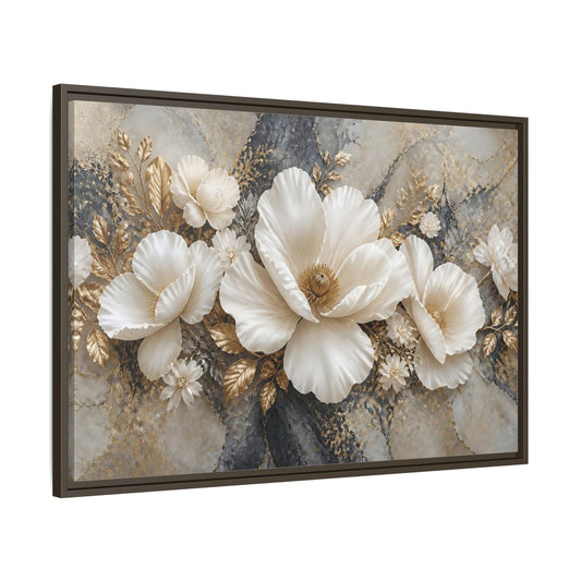 Main Mockup. Ivory Poppy With Gold Leaves shown as framed canvas print