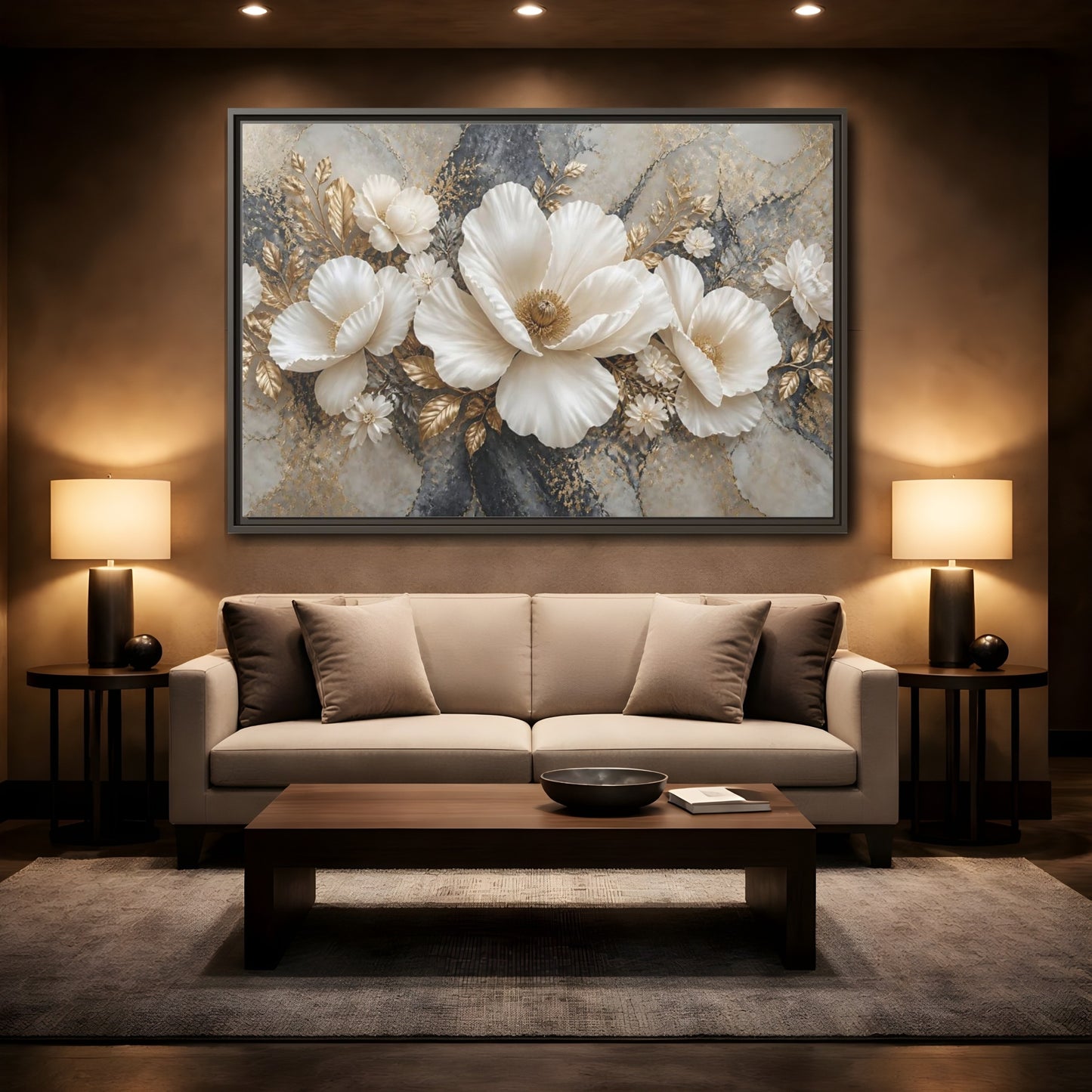 Mockup 2. Ivory Poppy With Gold Leaves shown as framed canvas print