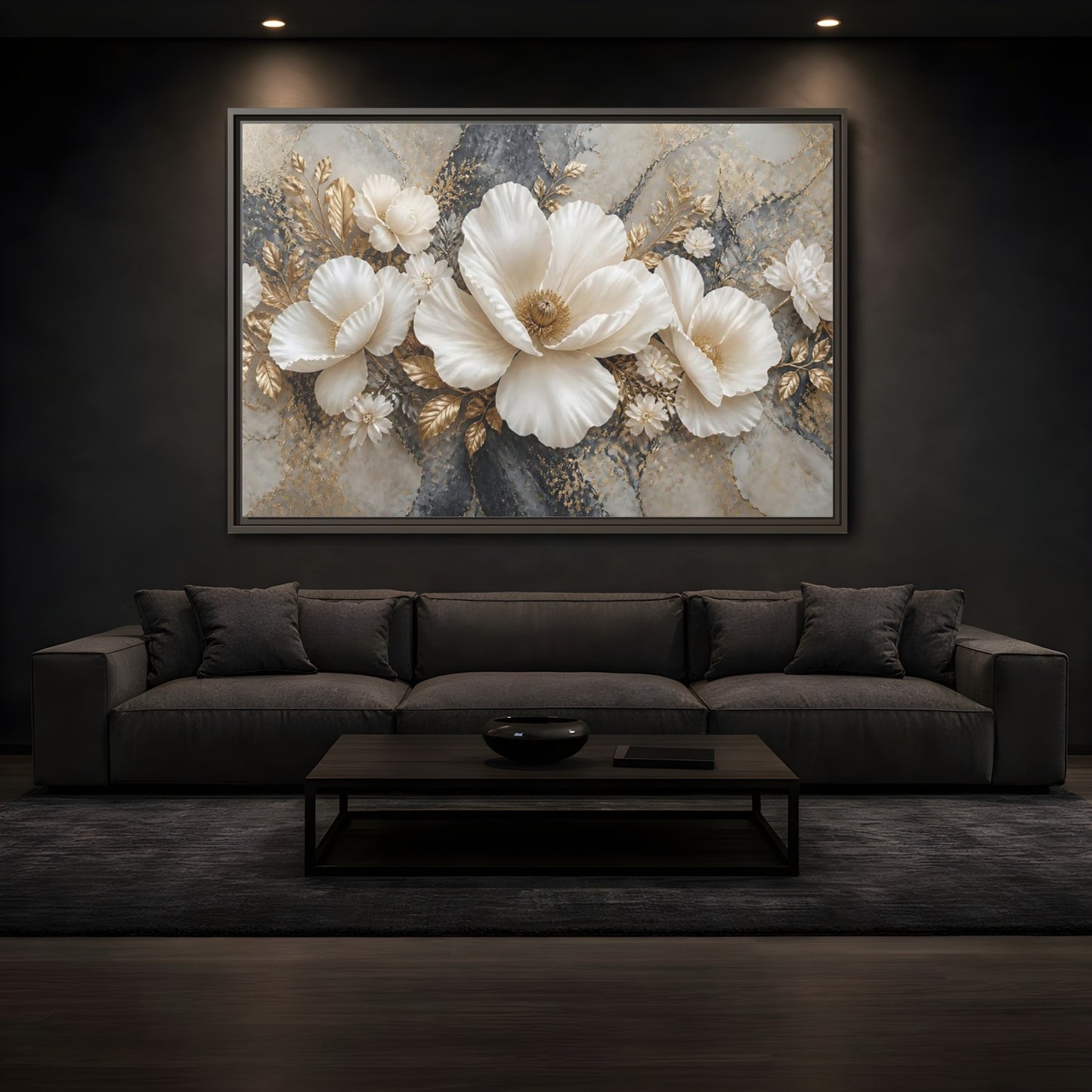 Mockup 3. Ivory Poppy With Gold Leaves shown as framed canvas print