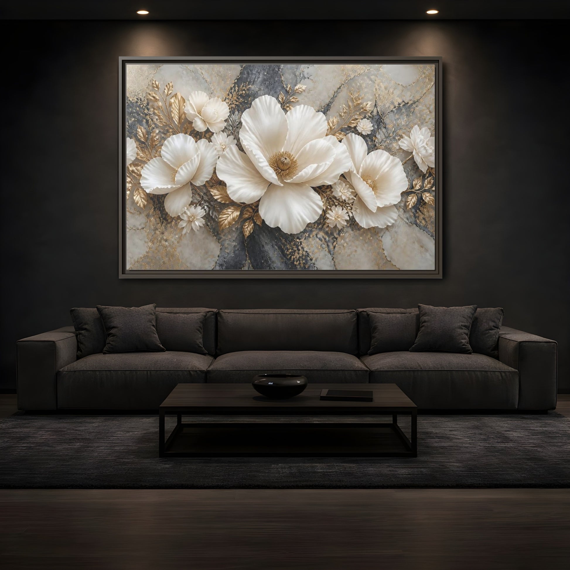 Mockup 3. Ivory Poppy With Gold Leaves shown as framed canvas print