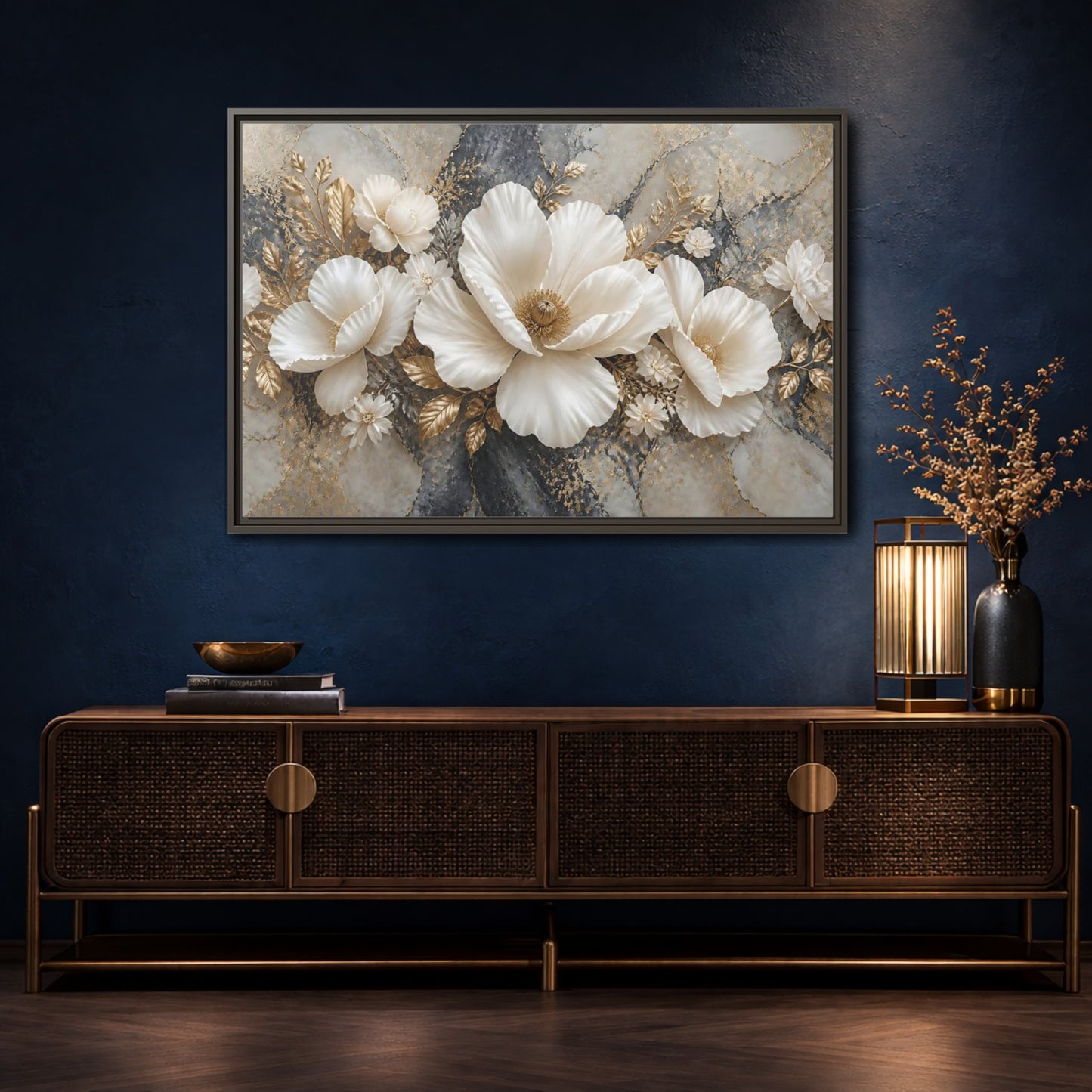 Mockup 4. Ivory Poppy With Gold Leaves shown as framed canvas print
