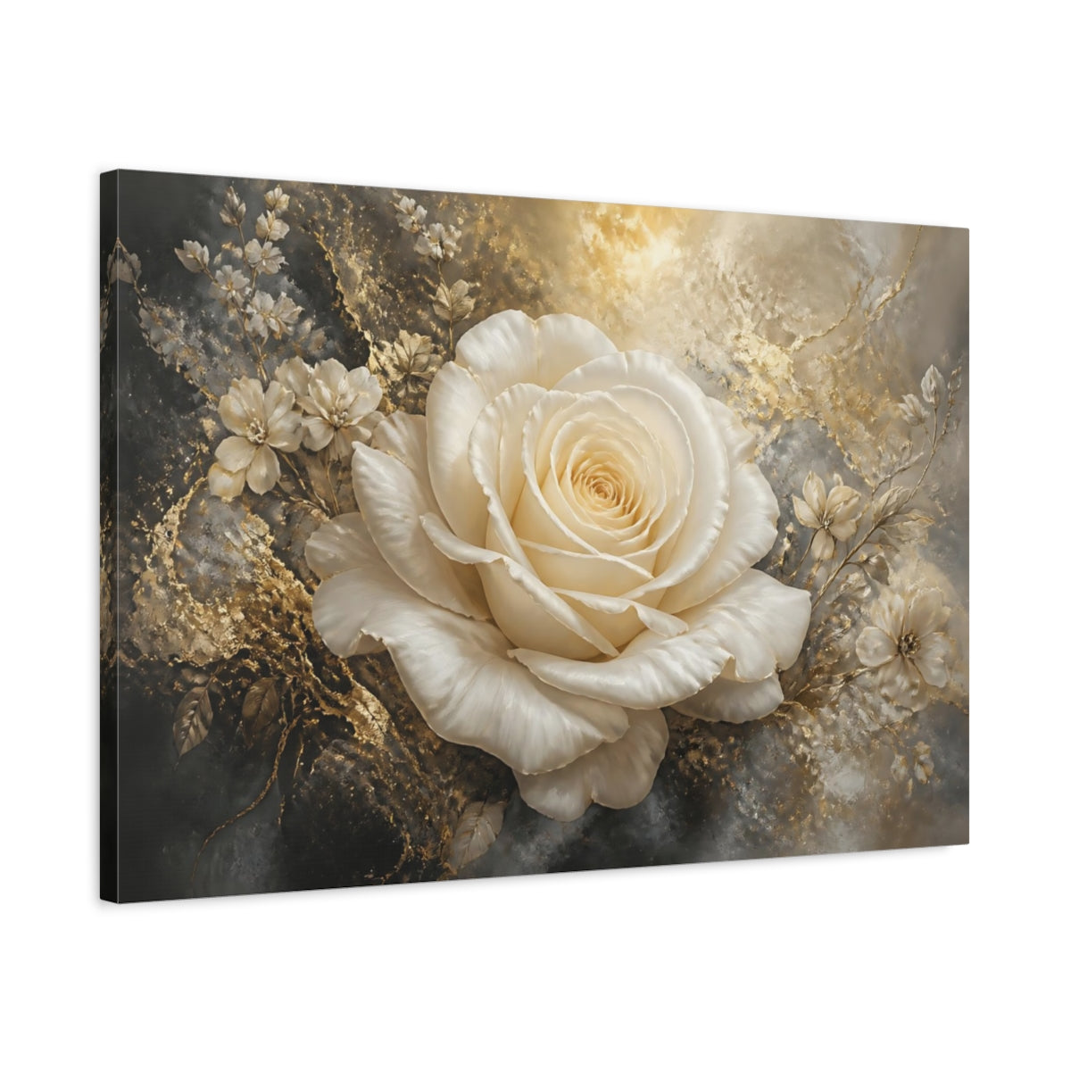 Side Mockup 2. Ivory Rose With Gold Accents shown as canvas print