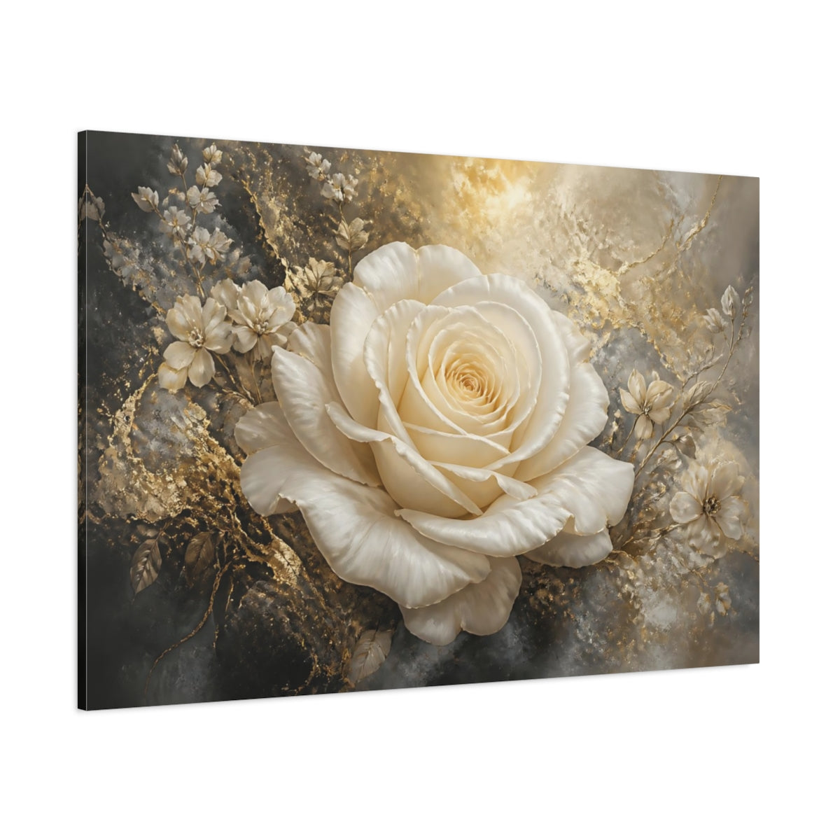 Side Mockup 1. Ivory Rose With Gold Accents shown as canvas print