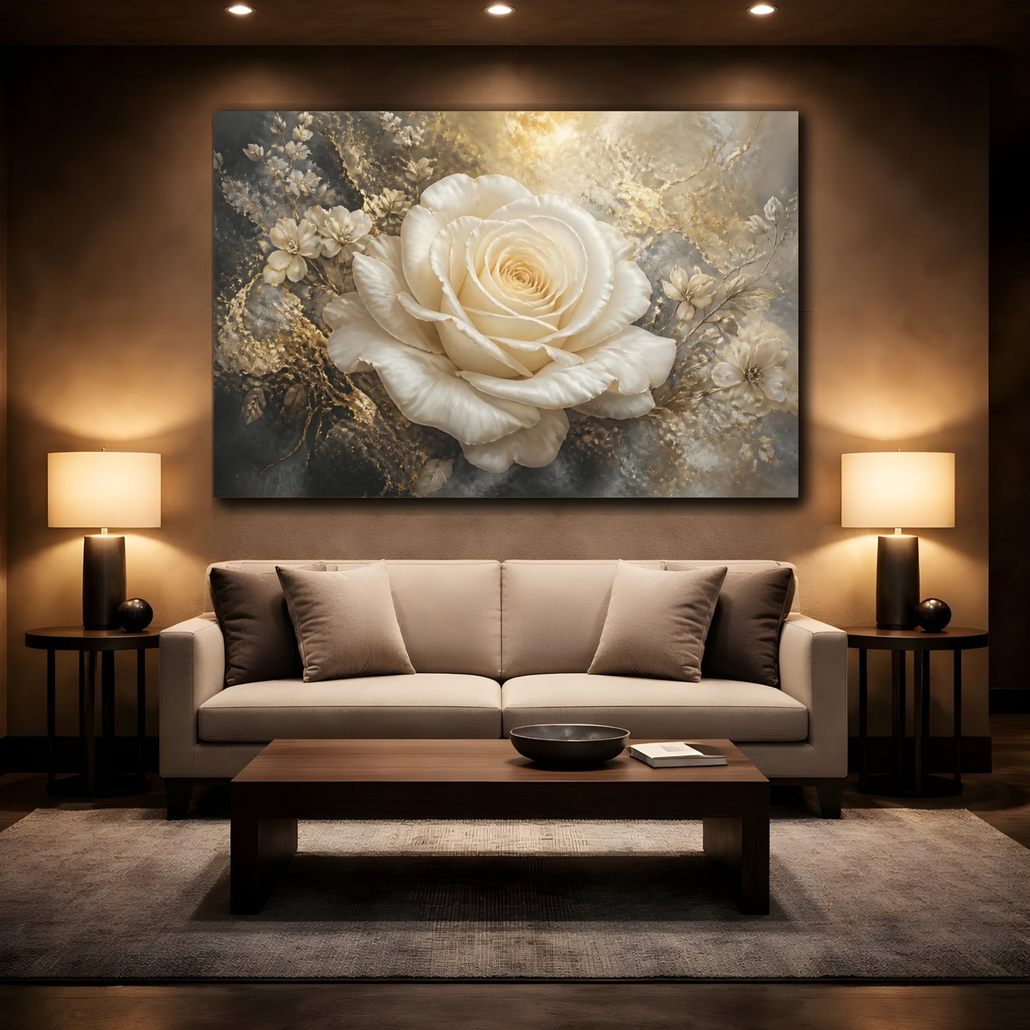 Mockup 2. Ivory Rose With Gold Accents shown as canvas print