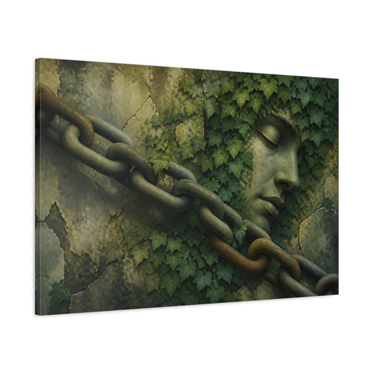 Main Mockup. Ivy-Covered Stone Face shown as canvas print