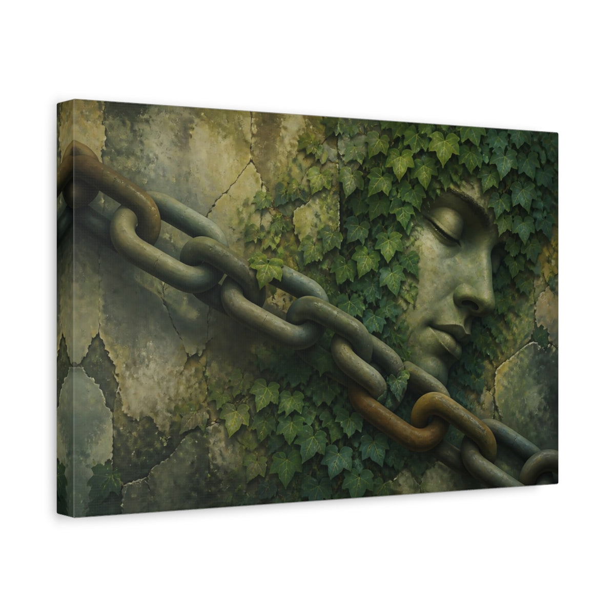 Side Mockup 4. Ivy-Covered Stone Face shown as canvas print