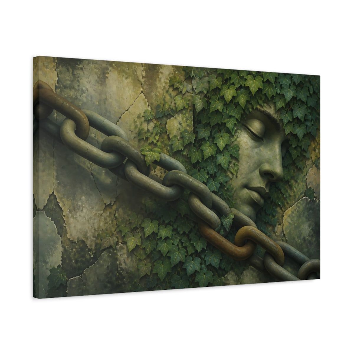 Side Mockup 2. Ivy-Covered Stone Face shown as canvas print