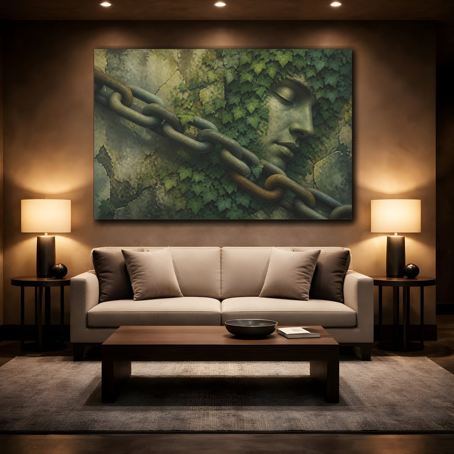 Mockup 2. Ivy-Covered Stone Face shown as canvas print