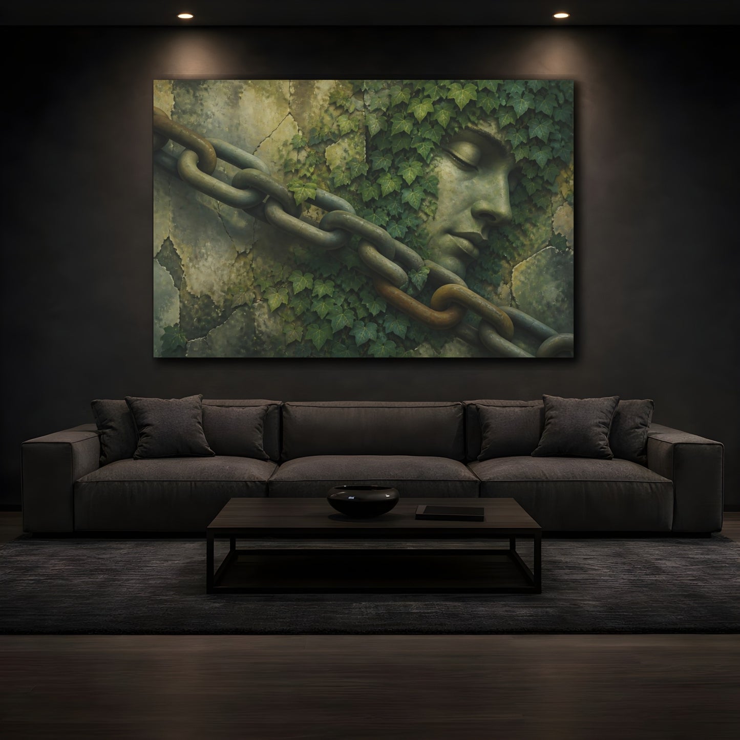 Mockup 3. Ivy-Covered Stone Face shown as canvas print