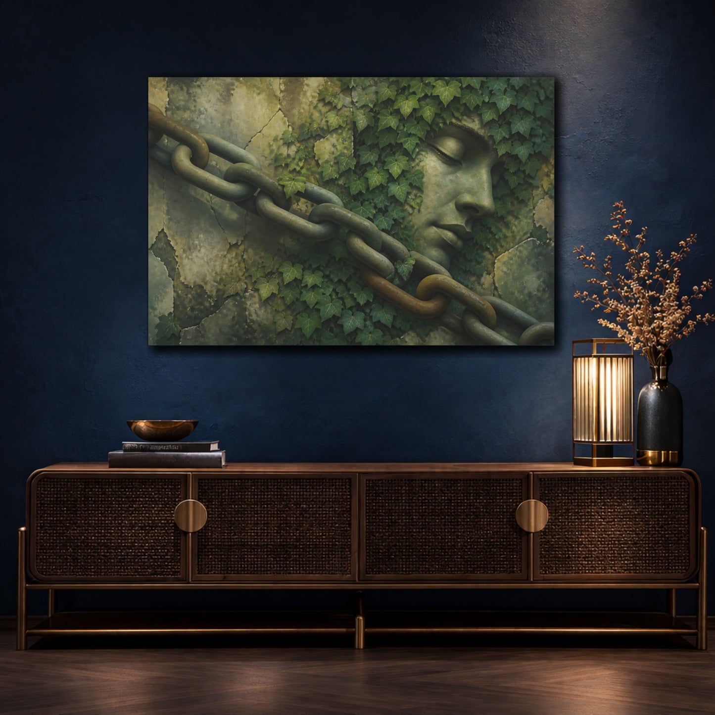 Mockup 4. Ivy-Covered Stone Face shown as canvas print