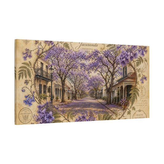 Main Mockup. Jacaranda Avenue In Bloom shown as canvas print