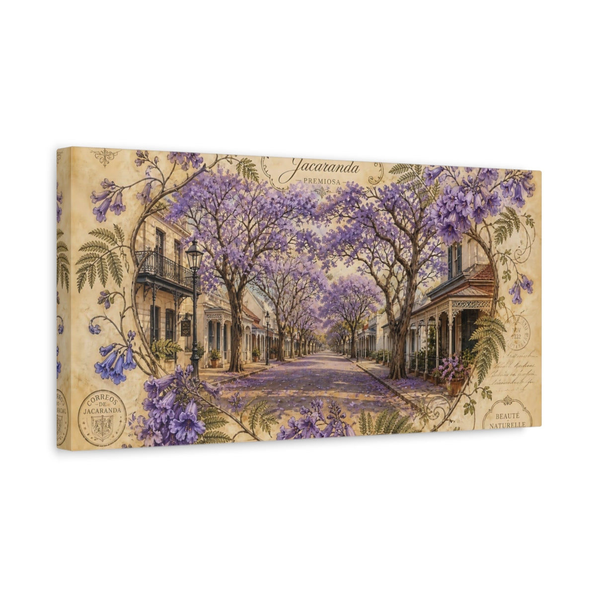 Side Mockup 3. Jacaranda Avenue In Bloom shown as canvas print