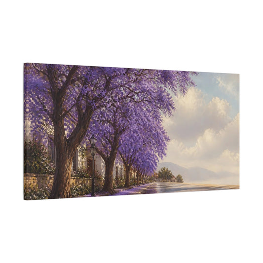 Main Mockup. Jacaranda Lined Street shown as canvas print