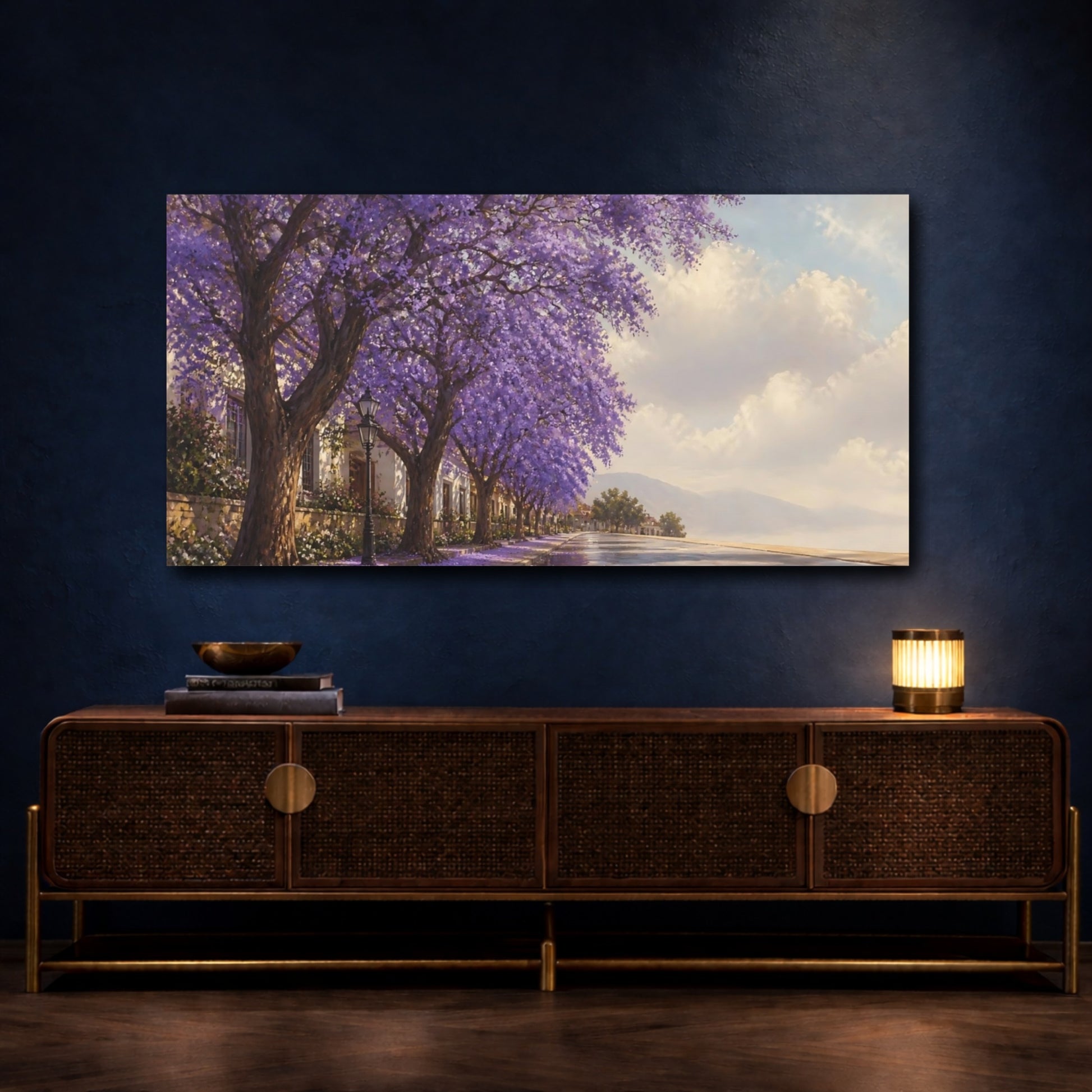 Mockup 4. Jacaranda Lined Street shown as canvas print