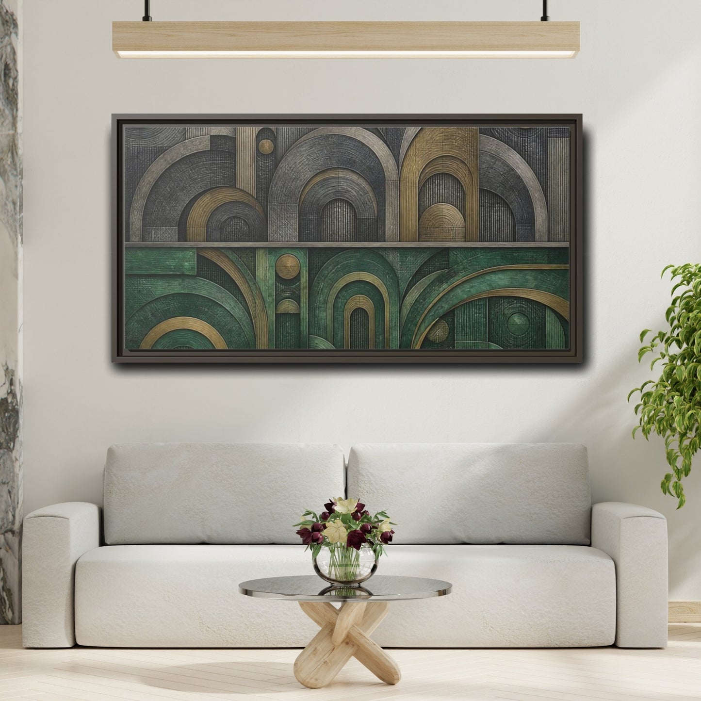 Mockup 2. Jade & Brass Arches shown as framed canvas print