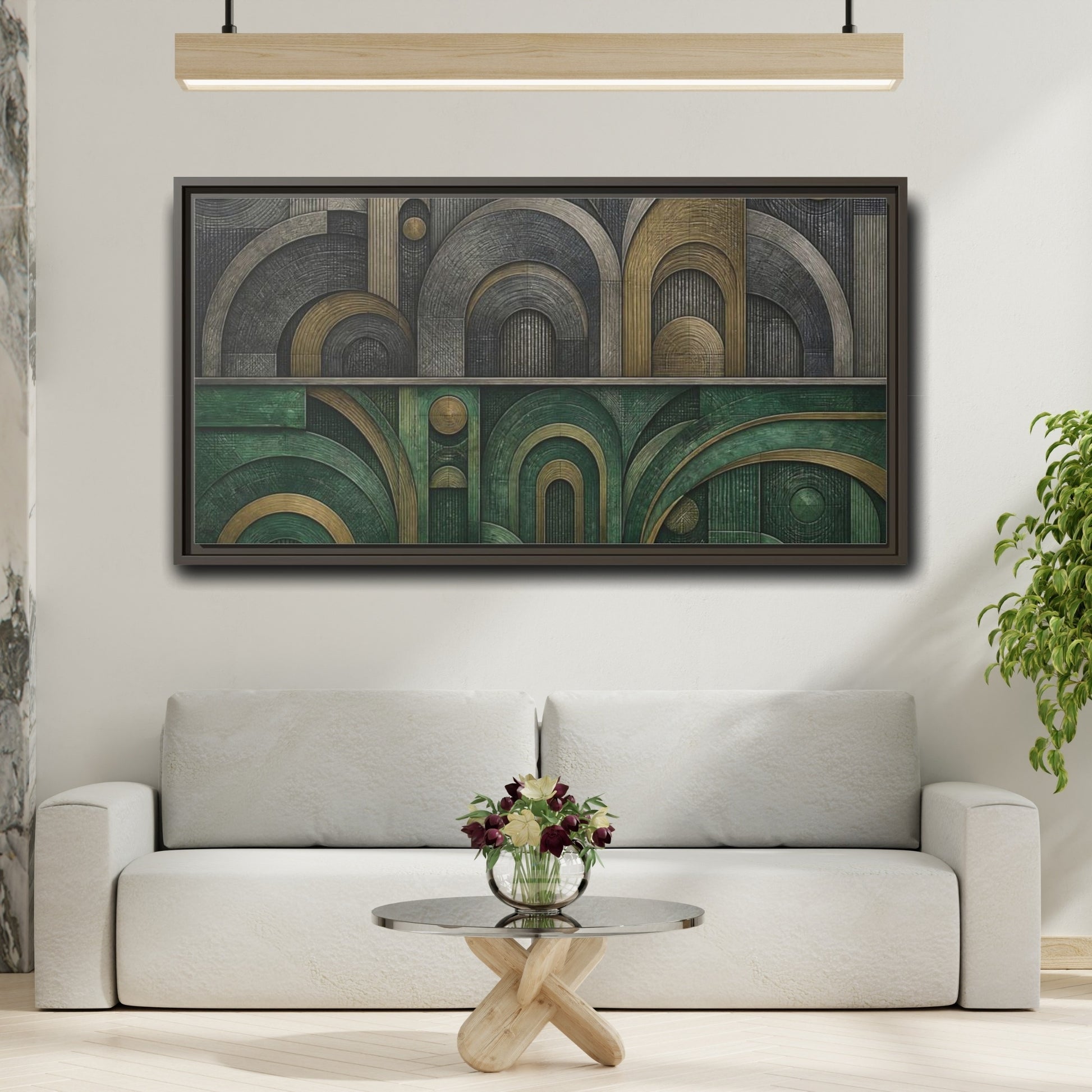 Mockup 2. Jade & Brass Arches shown as framed canvas print