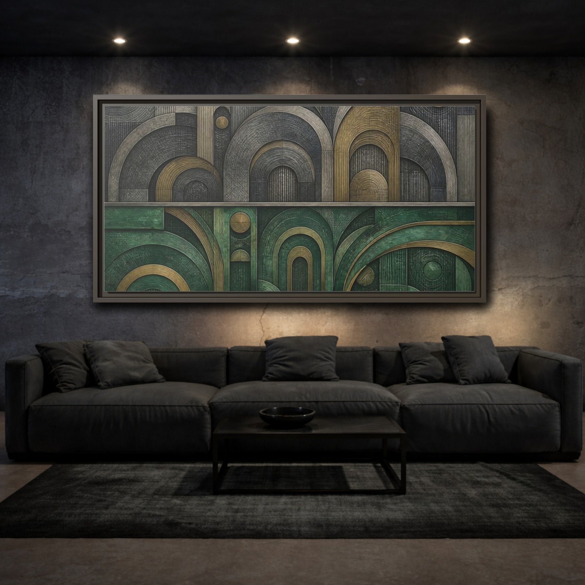 Mockup 3. Jade & Brass Arches shown as framed canvas print
