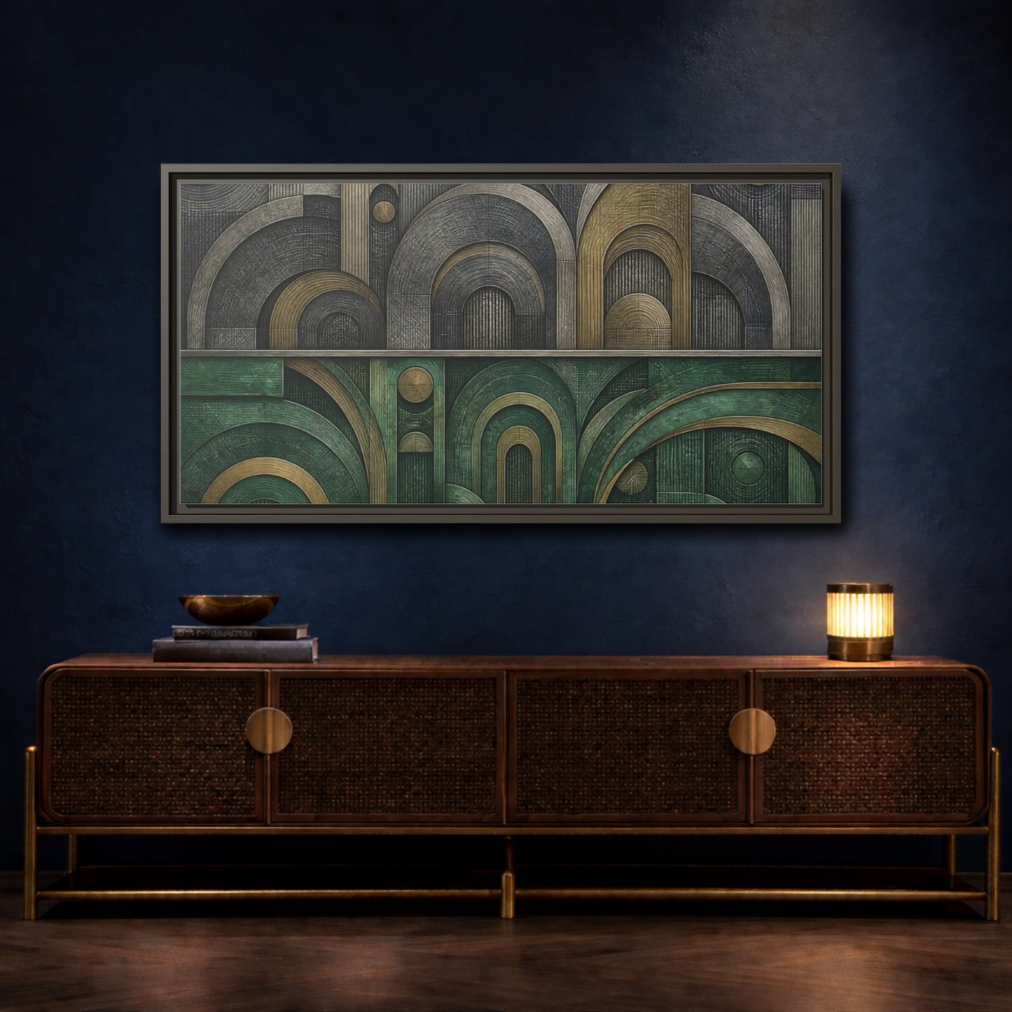 Mockup 4. Jade & Brass Arches shown as framed canvas print
