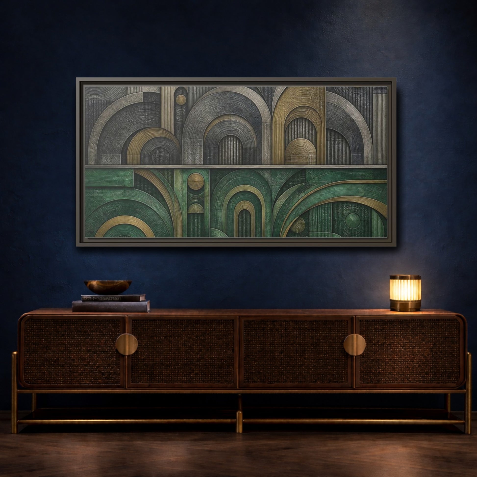 Mockup 4. Jade & Brass Arches shown as framed canvas print