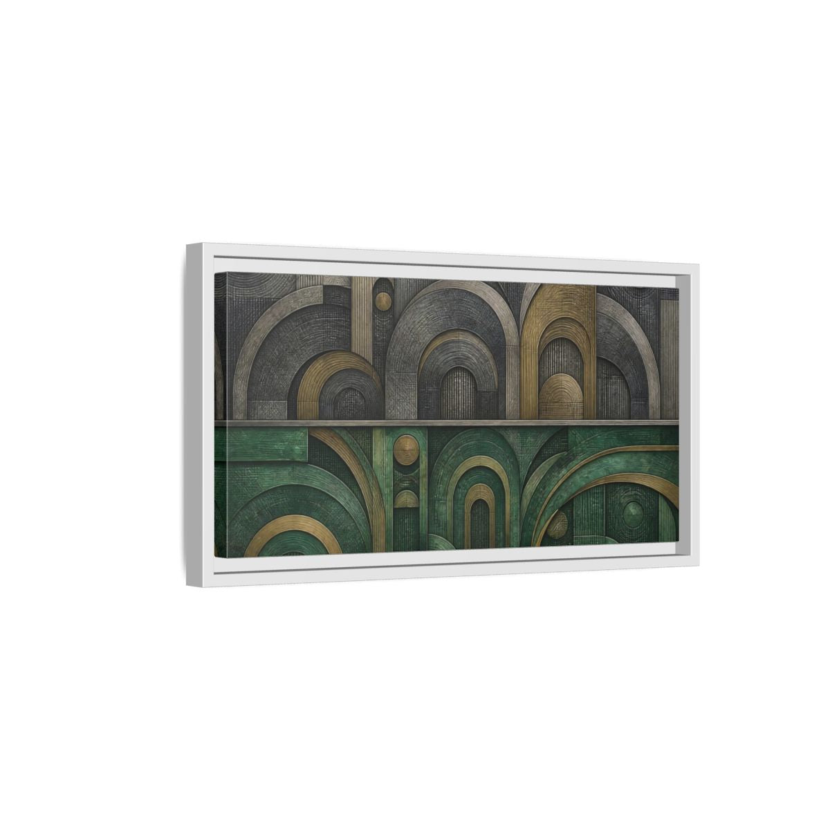 Side Mockup 6. Jade & Brass Arches shown as framed canvas print
