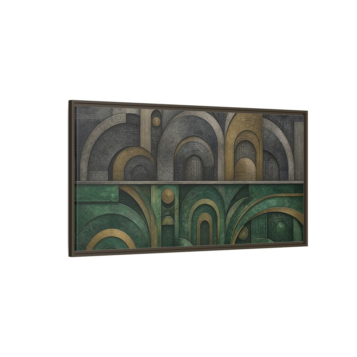 Side Mockup 4. Jade & Brass Arches shown as framed canvas print