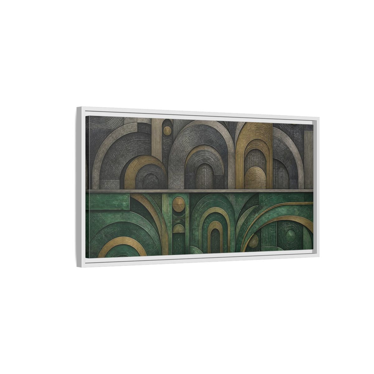 Side Mockup 1. Jade & Brass Arches shown as framed canvas print