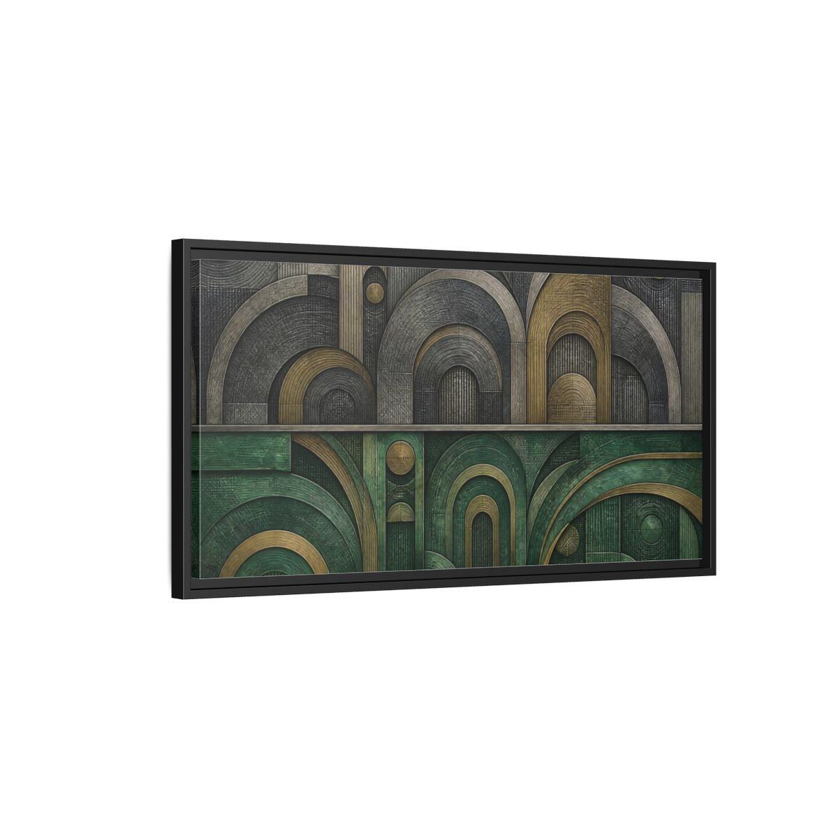 Side Mockup 2. Jade & Brass Arches shown as framed canvas print