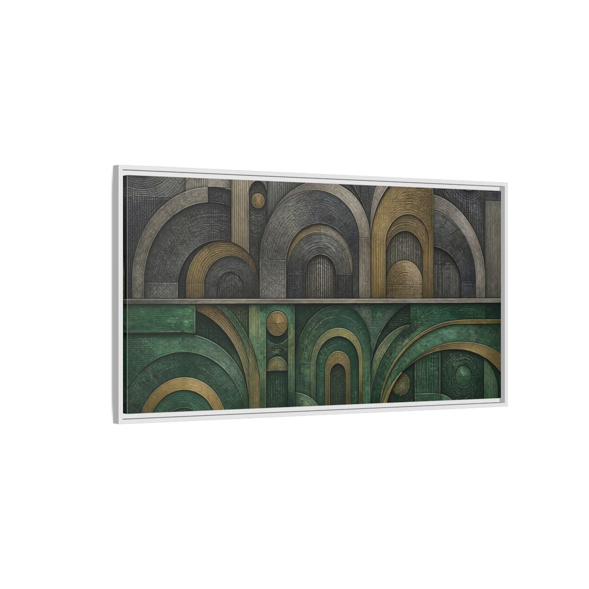 Side Mockup 3. Jade & Brass Arches shown as framed canvas print