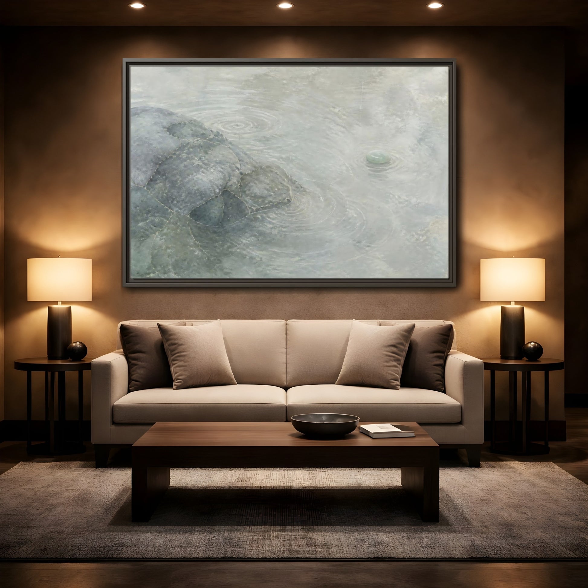 Mockup 2. Jade Pebble And Ripples shown as framed canvas print