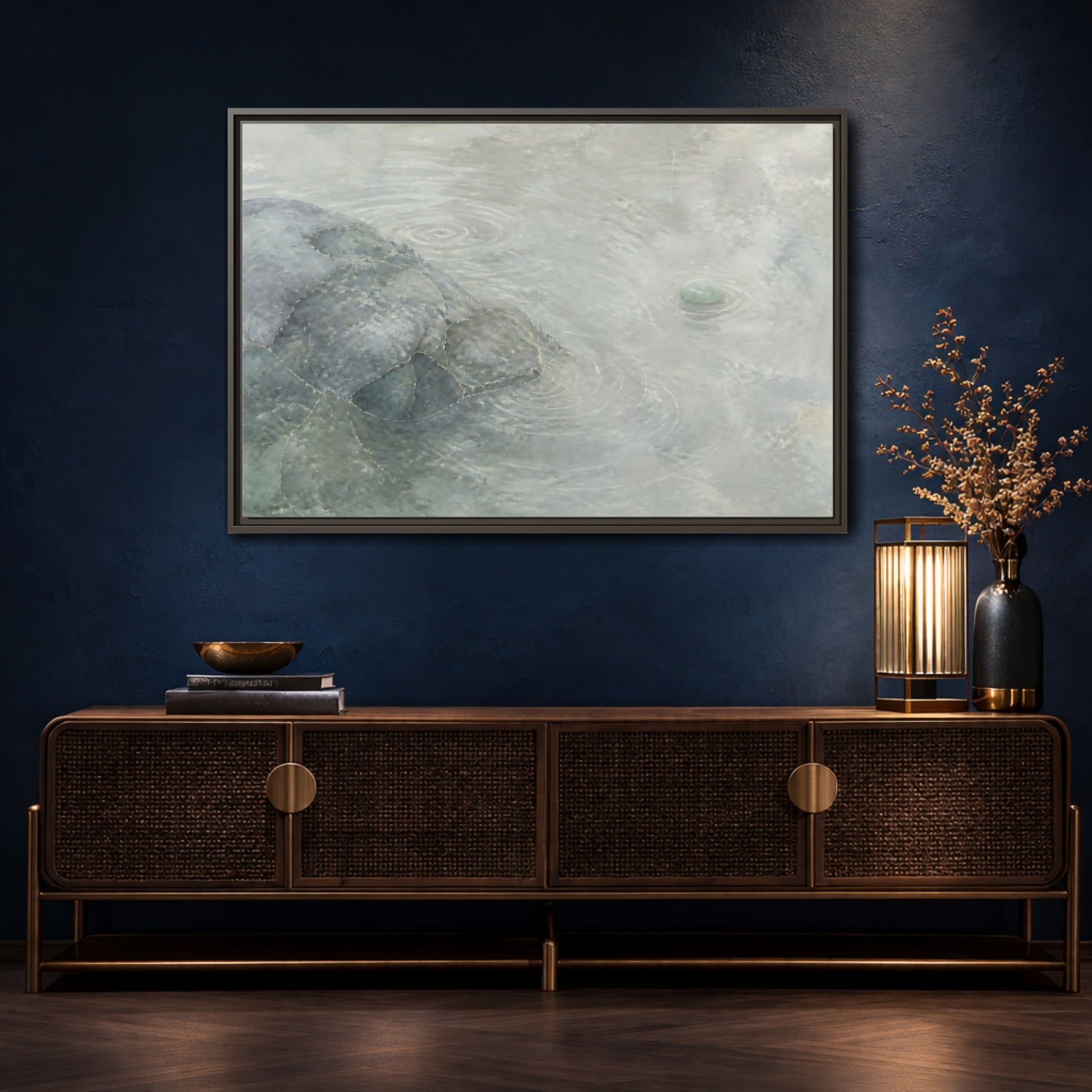 Mockup 4. Jade Pebble And Ripples shown as framed canvas print