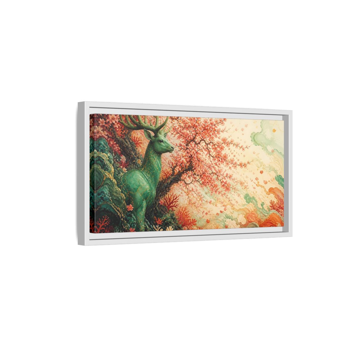 Side Mockup 6. Jade Stag And Cherry Blossoms shown as framed canvas print