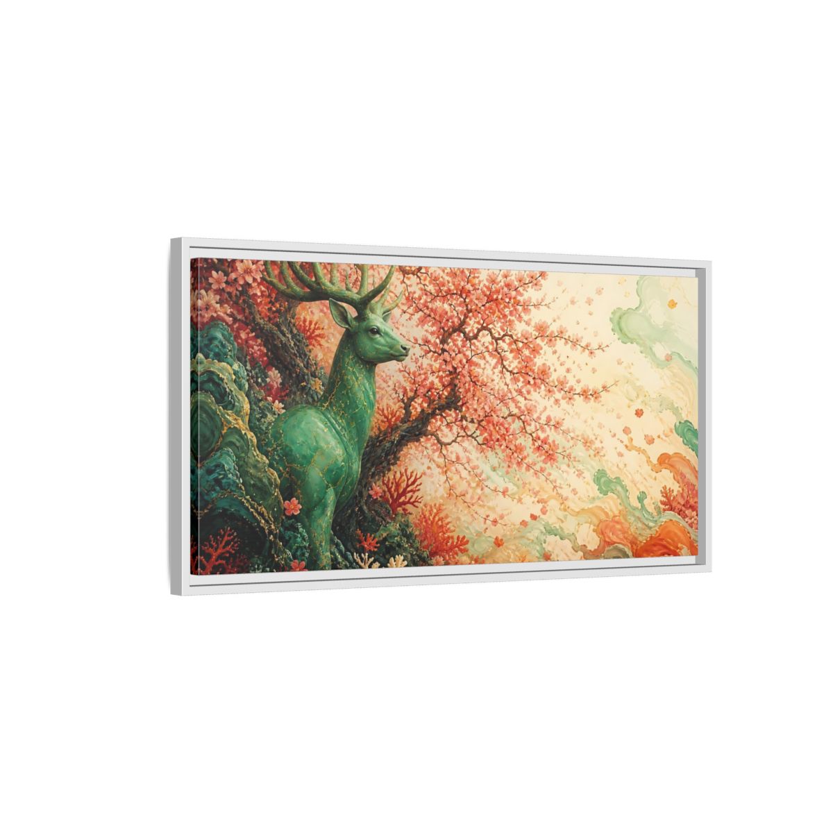 Side Mockup 1. Jade Stag And Cherry Blossoms shown as framed canvas print