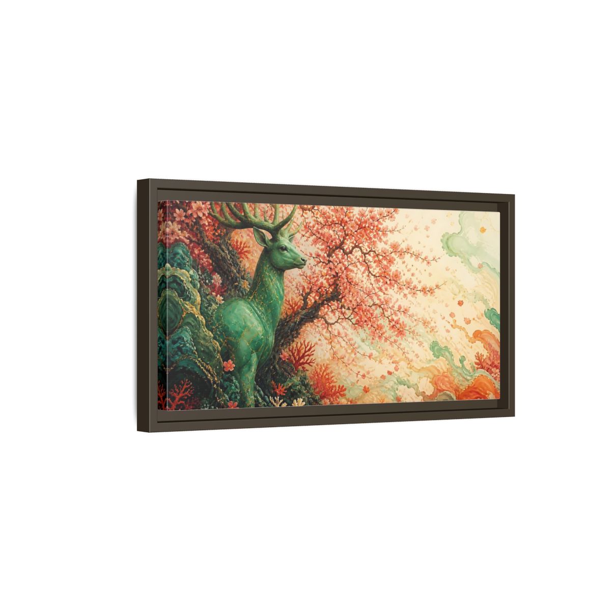 Side Mockup 7. Jade Stag And Cherry Blossoms shown as framed canvas print