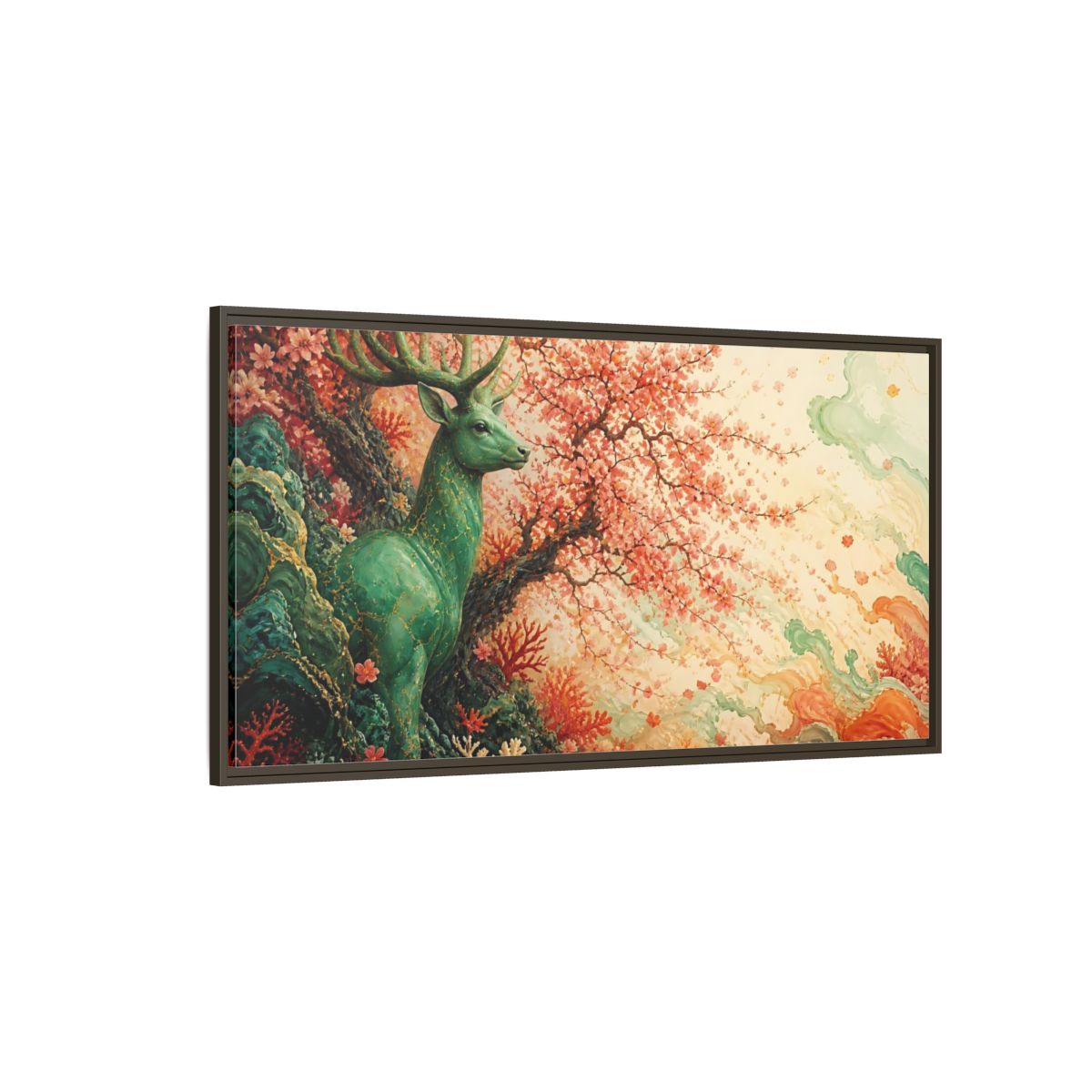 Side Mockup 4. Jade Stag And Cherry Blossoms shown as framed canvas print
