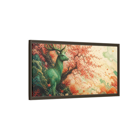 Main Mockup. Jade Stag And Cherry Blossoms shown as framed canvas print