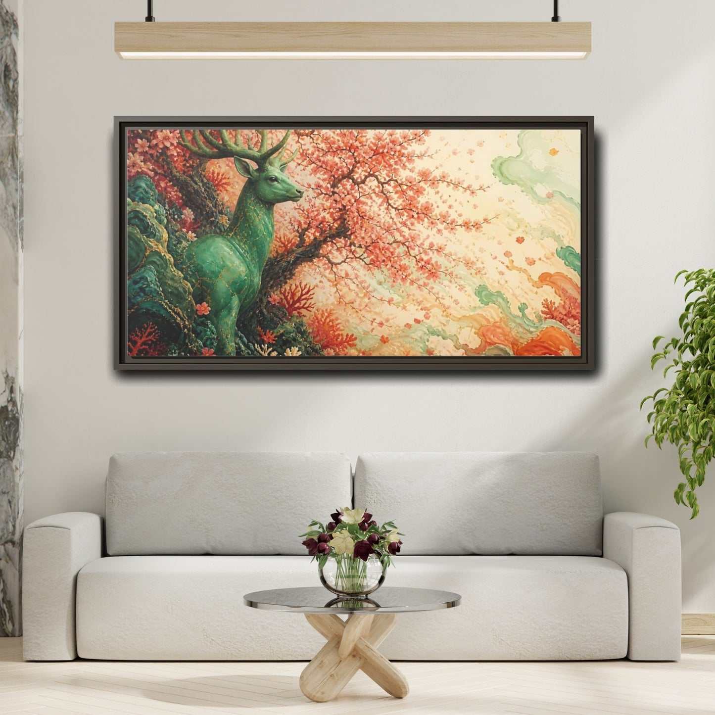 Mockup 2. Jade Stag And Cherry Blossoms shown as framed canvas print