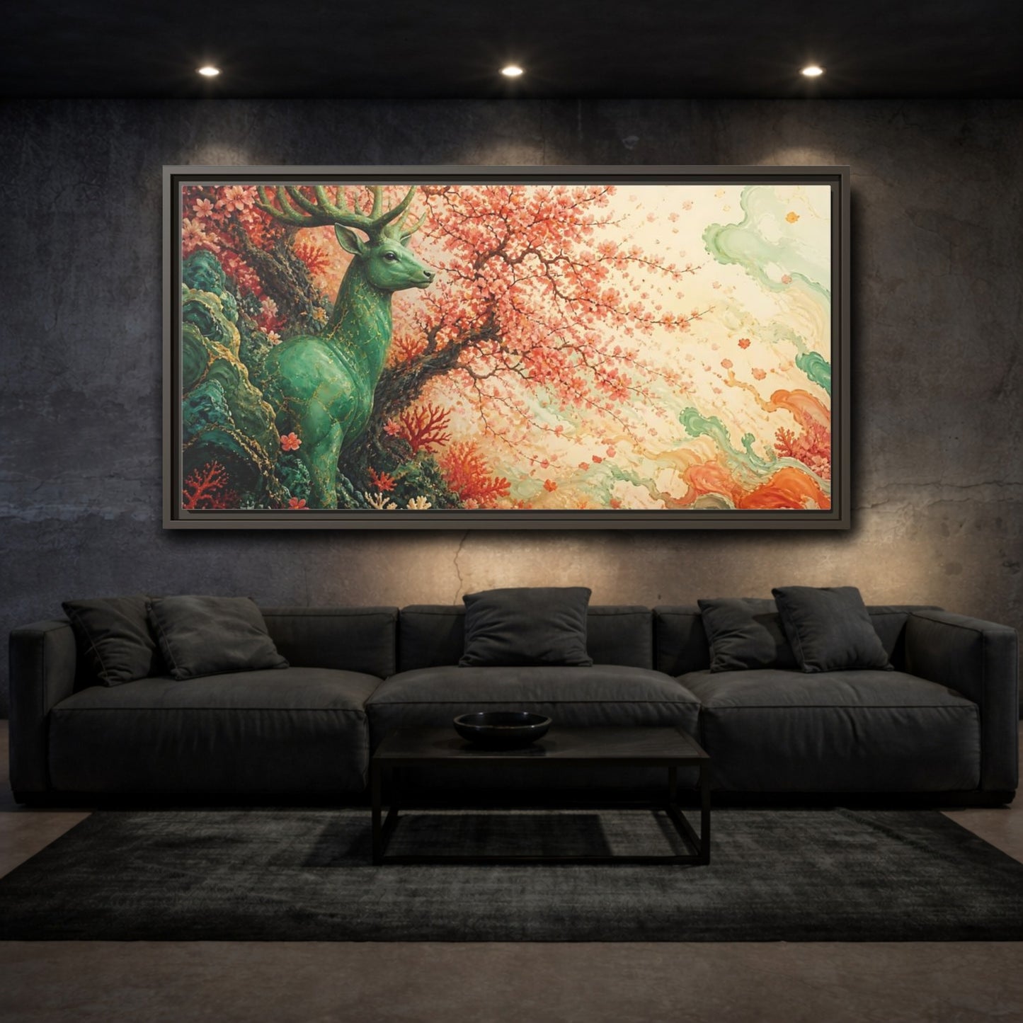 Mockup 3. Jade Stag And Cherry Blossoms shown as framed canvas print