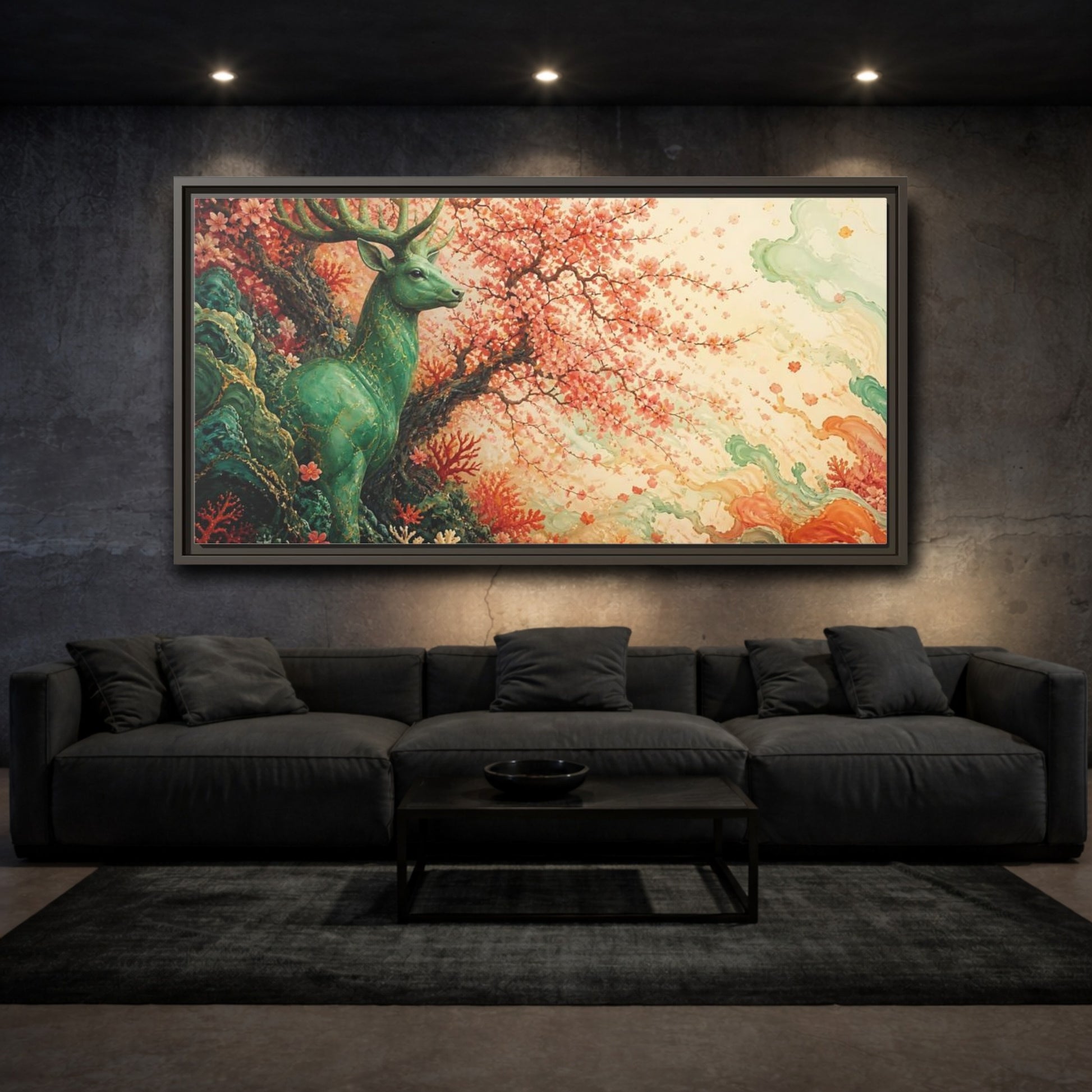 Mockup 3. Jade Stag And Cherry Blossoms shown as framed canvas print