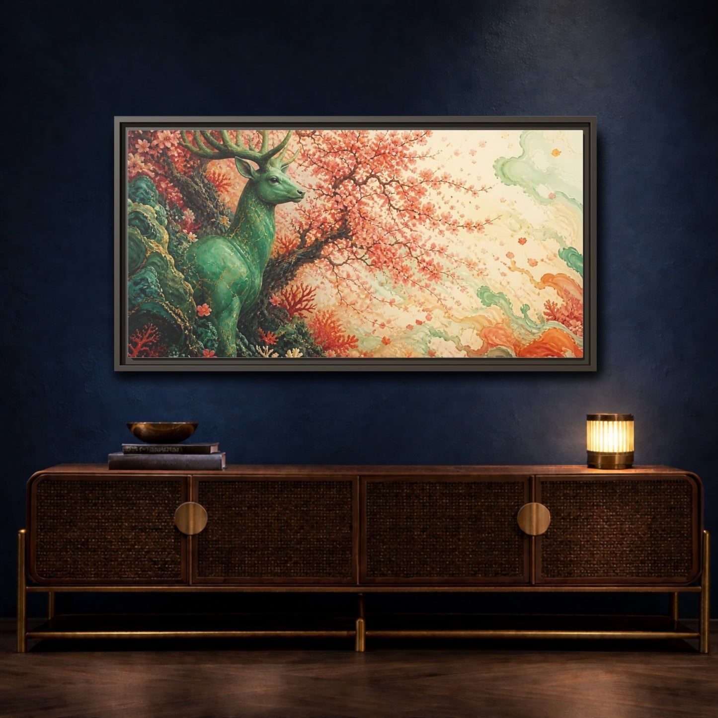 Mockup 4. Jade Stag And Cherry Blossoms shown as framed canvas print