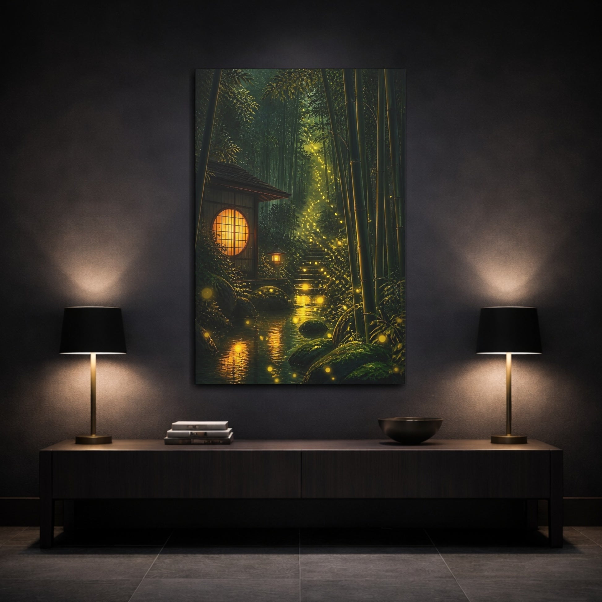 Mockup 3. Japanese Bamboo Firefly Path shown as canvas print