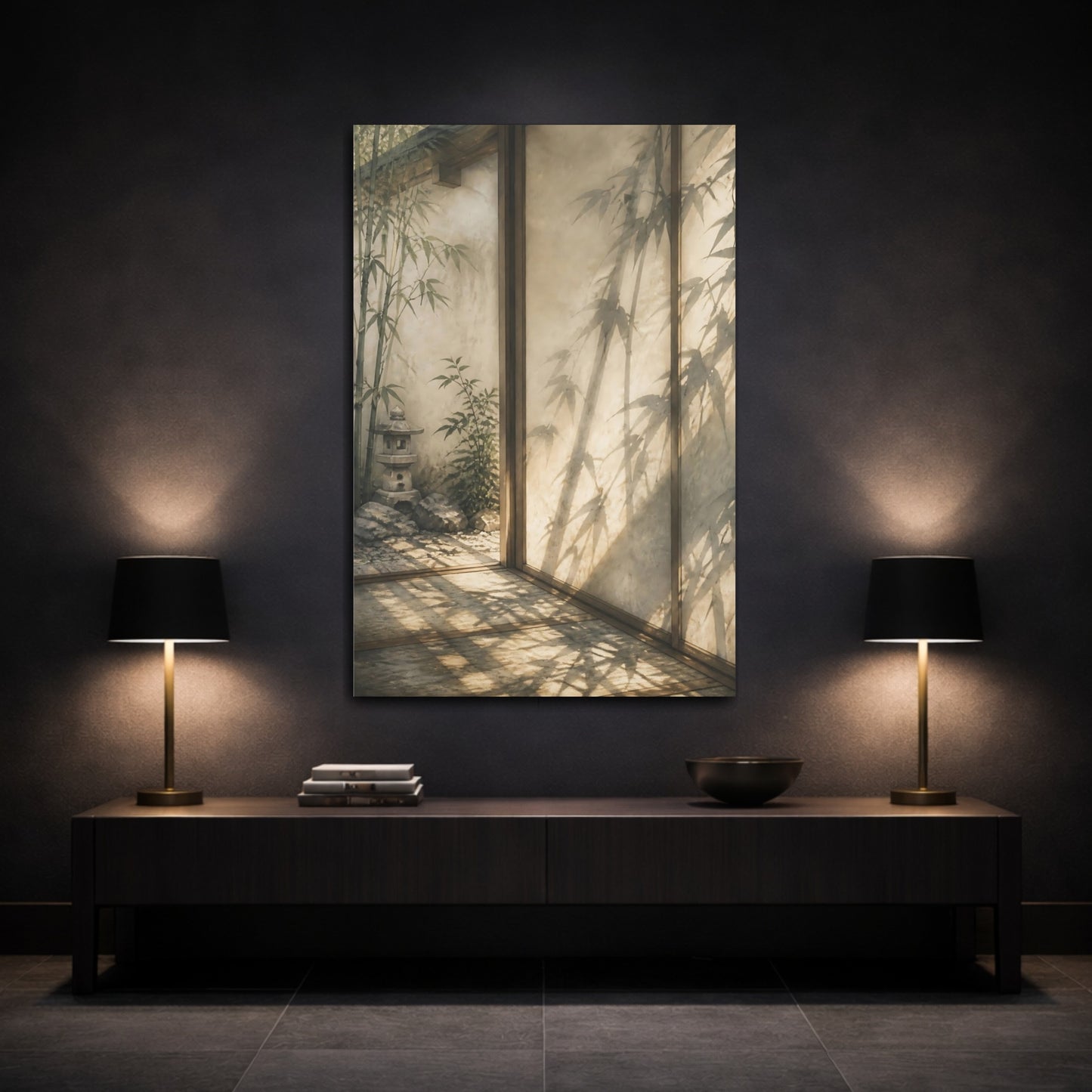 Mockup 3. Japanese Bamboo Shadow Threshold shown as canvas print