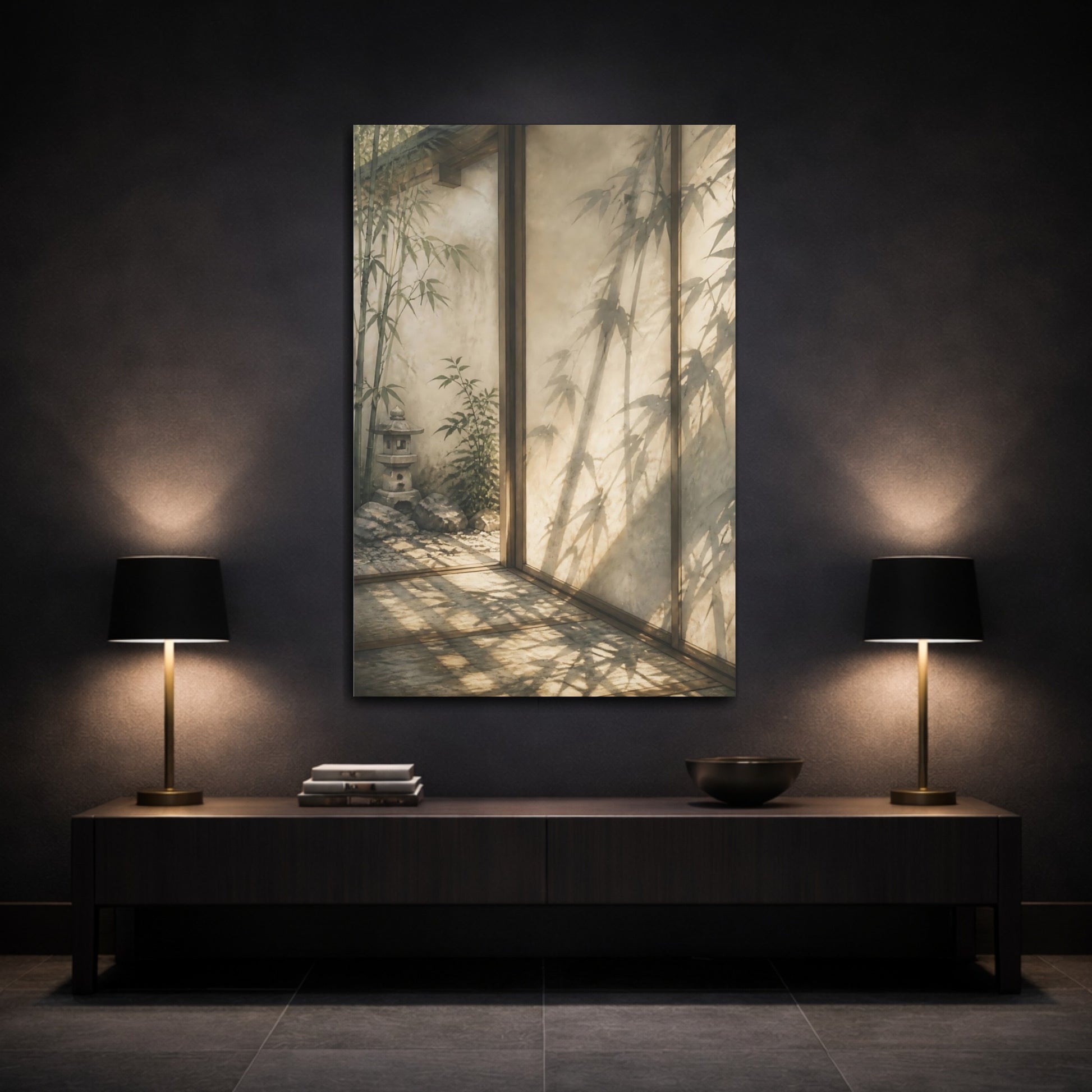 Mockup 3. Japanese Bamboo Shadow Threshold shown as canvas print