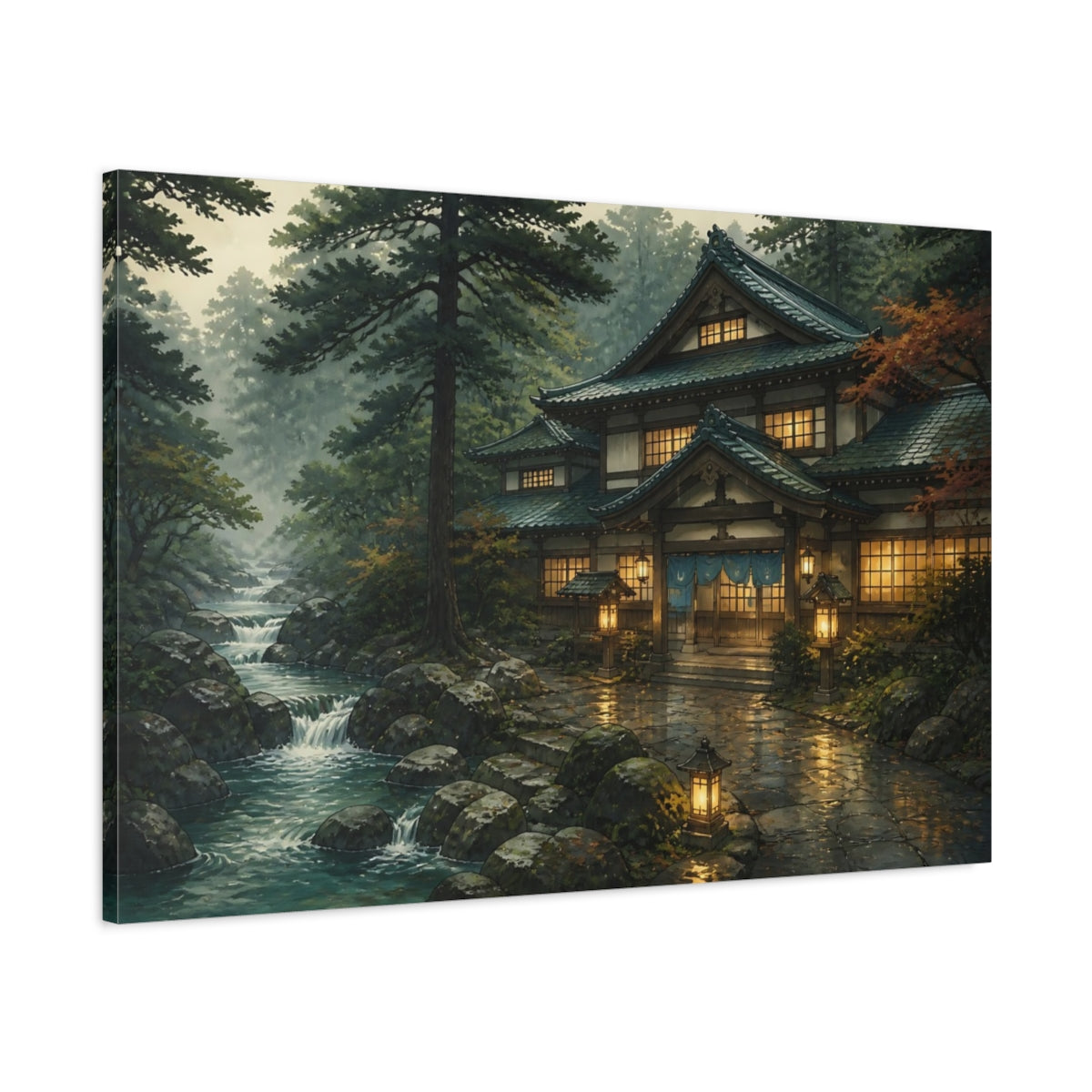 Main Mockup. Japanese Bathhouse By Stream shown as canvas print