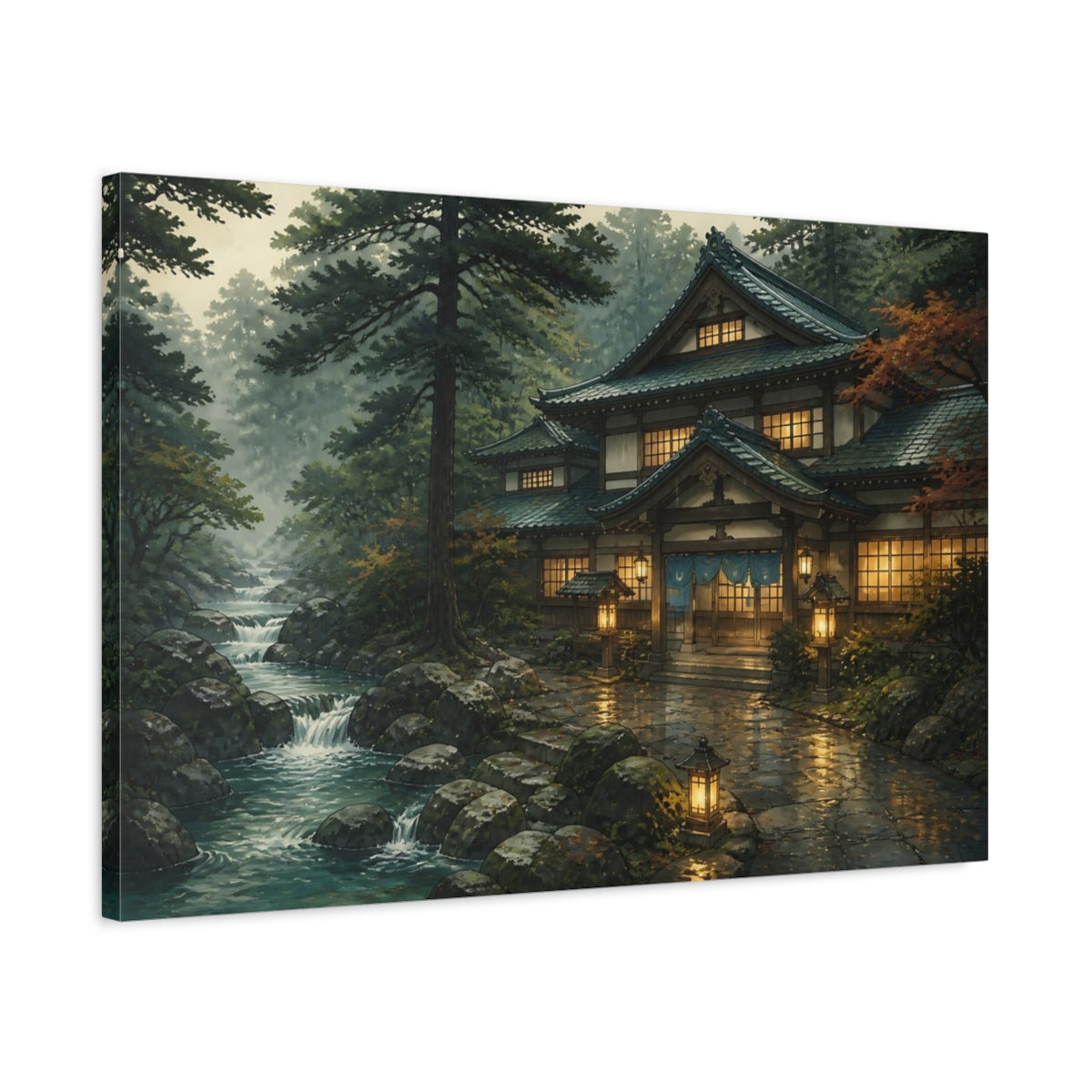 Side Mockup 2. Japanese Bathhouse By Stream shown as canvas print