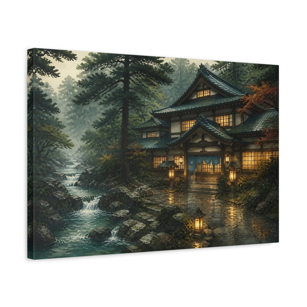 Side Mockup 3. Japanese Bathhouse By Stream shown as canvas print