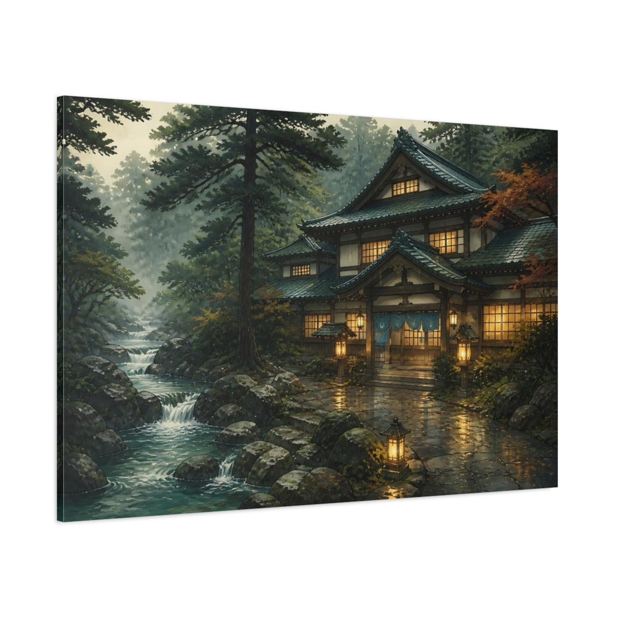 Side Mockup 1. Japanese Bathhouse By Stream shown as canvas print