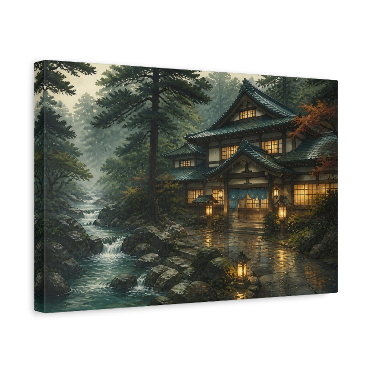 Side Mockup 4. Japanese Bathhouse By Stream shown as canvas print