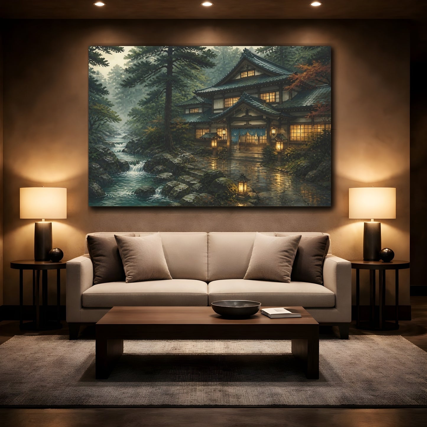 Mockup 2. Japanese Bathhouse By Stream shown as canvas print