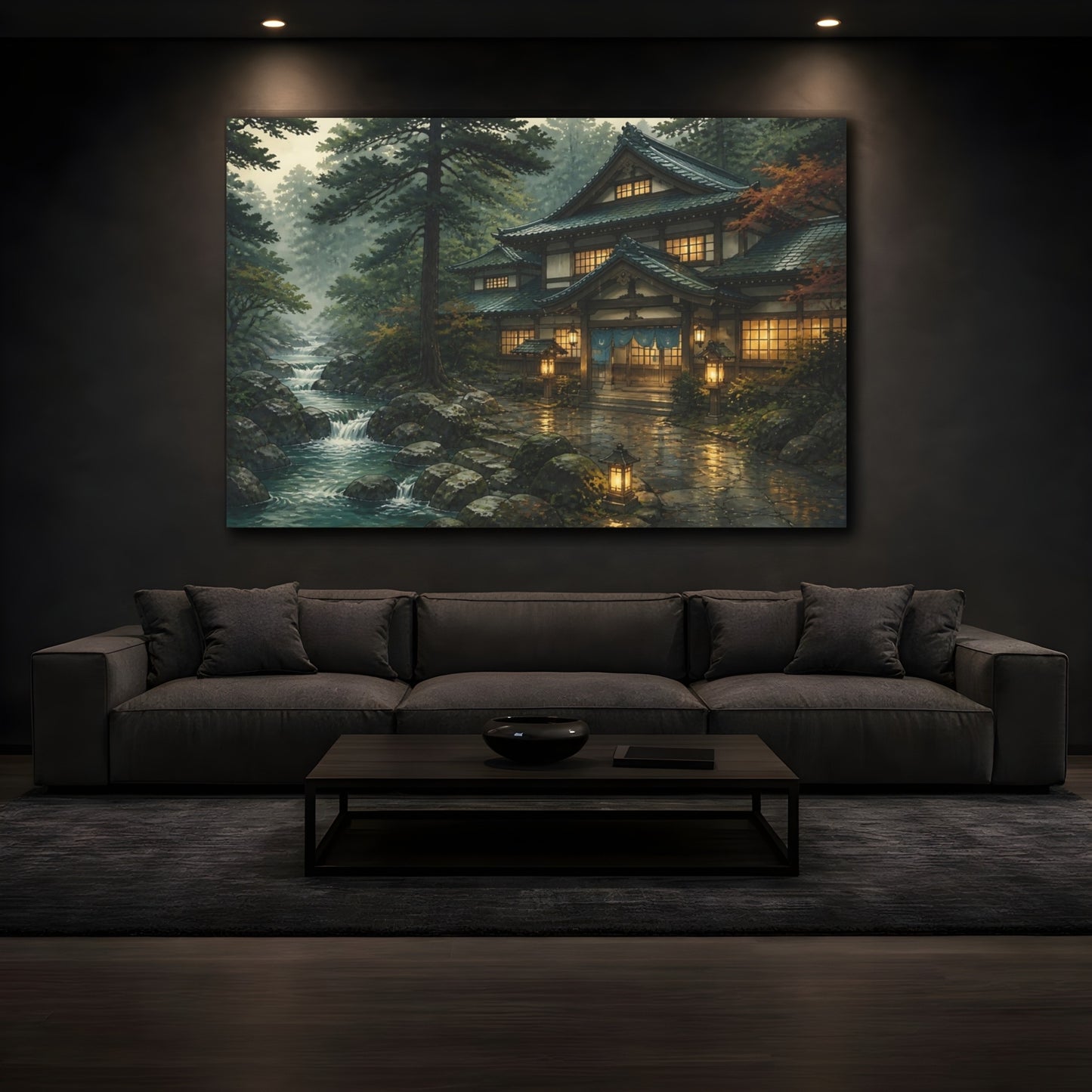 Mockup 3. Japanese Bathhouse By Stream shown as canvas print